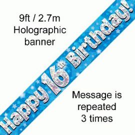 9FT BANNER BLUE HOLO HAPPY 16TH BIRTHDAY