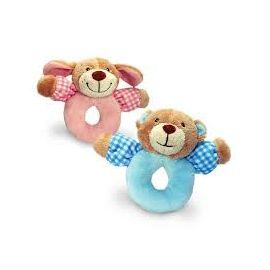 BABYS FIRST BEAR AND PUPPY RATTLE PINK 13CM