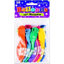 AGE 12 LATEX BALLOONS ASSORTED PK10