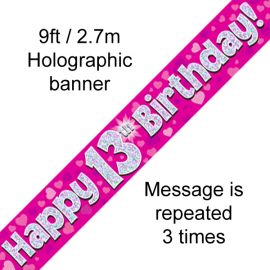 9FT BANNER PINK HOLO HAPPY 13TH BIRTHDAY