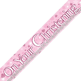 CHRISTENING PINK HOLOGRAPHIC BANNER 2.7M