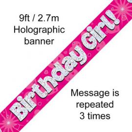 9FT BANNER PINK HOLO BIRTHDAY GIRL