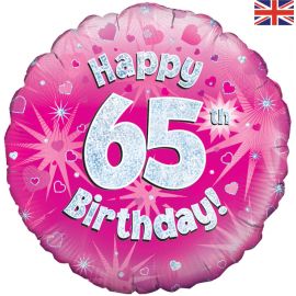 18 INCH HAPPY 65TH BIRTHDAY PINK HOLOGRAPHIC